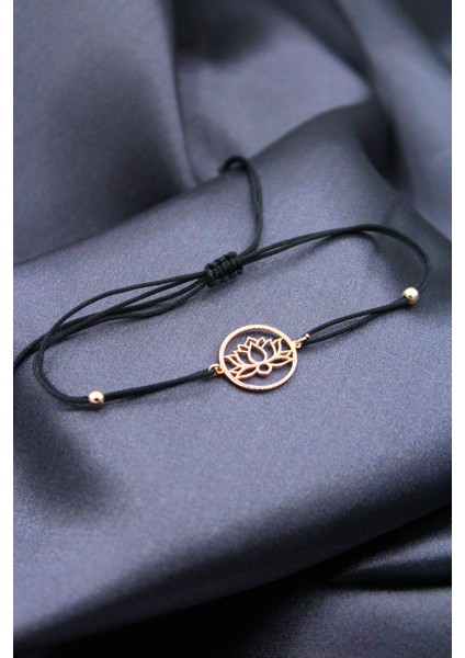 925 Ayar Gümüş Rose Orta Lotus Siyah Makrome Bileklik