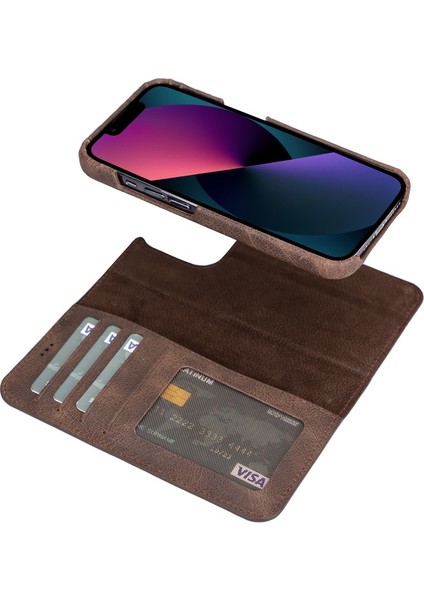 Apple iPhone 13 Pro Max Uyumlu Deri Cüzdanlı Kılıf F360 Tn3 Kahverengi