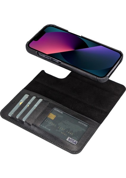 Apple iPhone 13 Pro Max Uyumlu Deri Cüzdanlı Kılıf F360 Rst1 Siyah