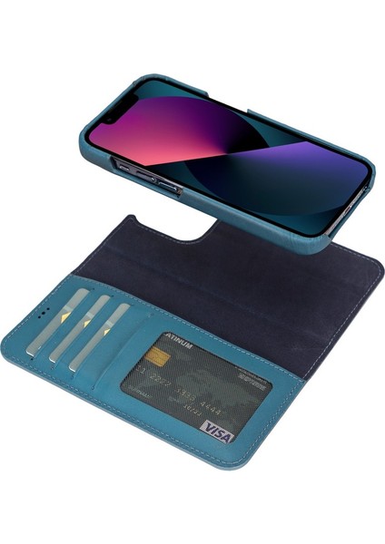 Apple iPhone 13 Pro Max Uyumlu Deri Cüzdanlı Kılıf F360 BRN4EF Mavi
