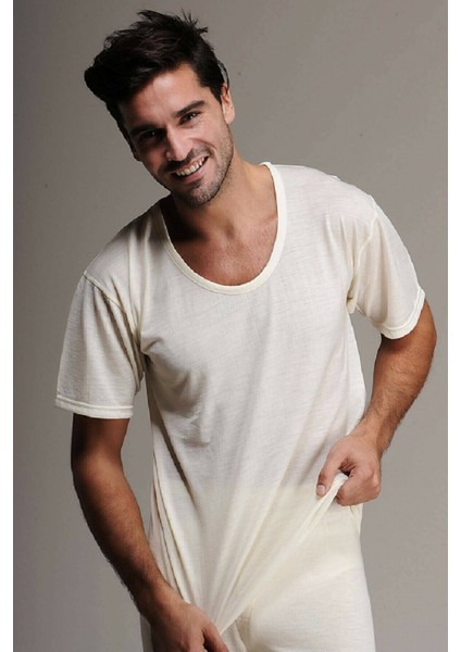 100 Erkek Kısa Kollu Yün Termal Fanila-Krem