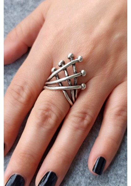 Antik Gümüş Kaplama Çapraz Çubuklar Şekilli El Yapımı Ayarlanabilir Yüzük