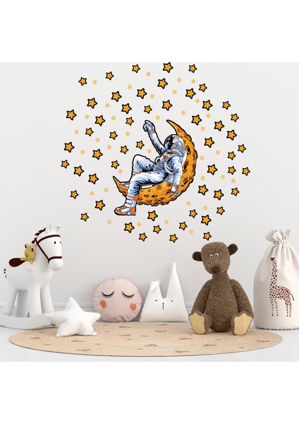 Ayda Yatan Astronot ve Yıldızlar Çocuk Odası Duvar Sticker Seti