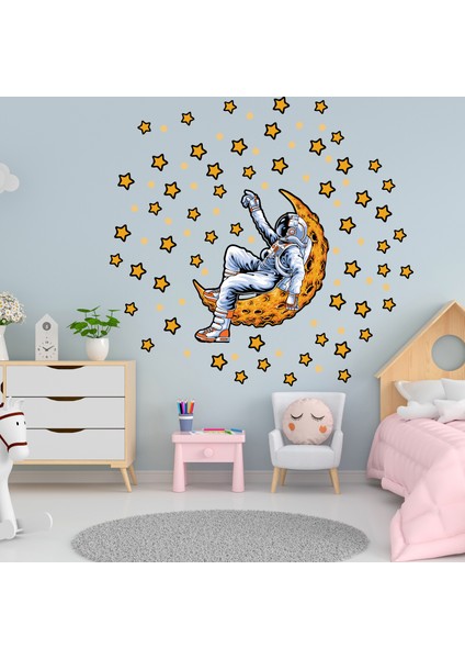 Ayda Yatan Astronot ve Yıldızlar Çocuk Odası Duvar Sticker Seti modelleri