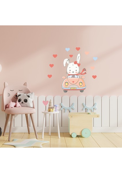 Araç Kullanan Sevimli Tavşan ve Kalpler Çocuk Odası Sticker fiyatları