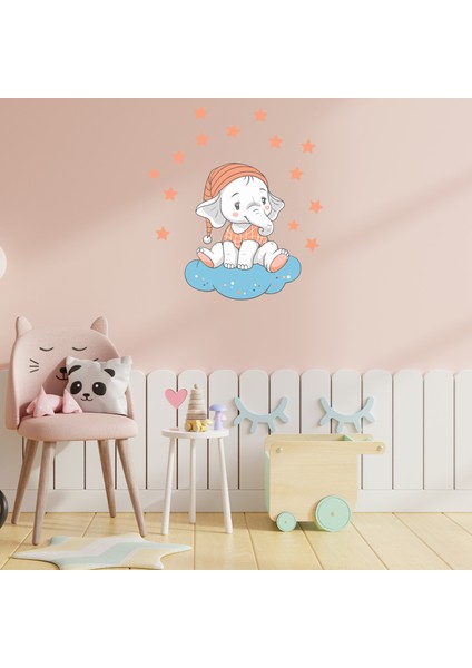 Bulutta Oturan Sevimli Fil ve Yıldızlar Çocuk Odası Duvar Sticker