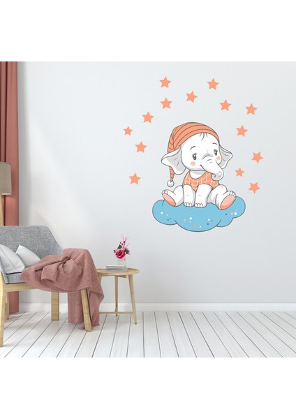 Bulutta Oturan Sevimli Fil ve Yıldızlar Çocuk Odası Duvar Sticker