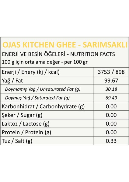 Ojas Kitchen Sarımsaklı Ghee (Sade Yağ) 225 gr - Laktozsuz Gdo' Suz Saf Yağ / Sadeyağ