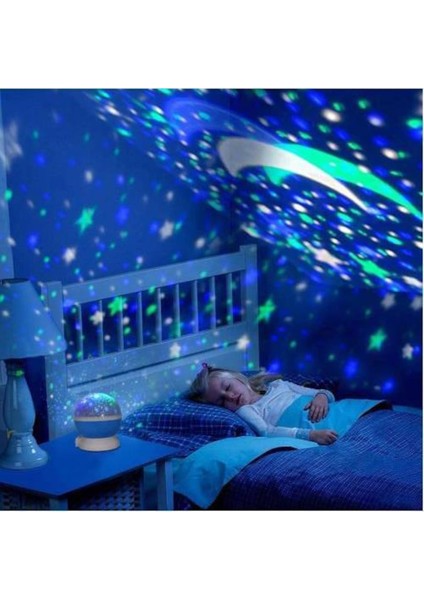 LED Projeksiyon Gece Lambası Dönen Ay Yıldız LED Mavi