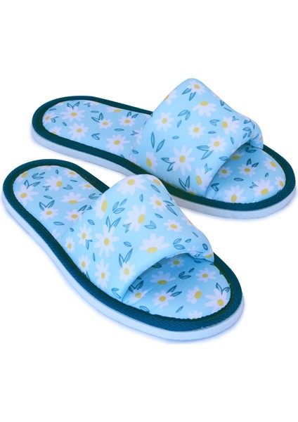 Kadın Mavi Çiçek Desenli Önü Açık Yumuşak Tabanlı Ev Terlik fiyatları