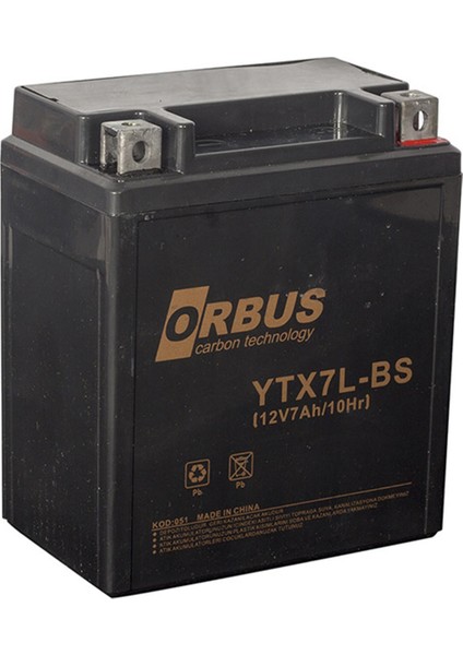 Akü 12 Volt 7 Amper Orbus YTX7L-BS Asit Içinde Karbon Bisiklet Aküsü