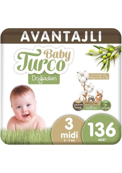 Baby Turco Doğadan Avantajlı Bebek Bezi 3 Numara Midi 136 Adet