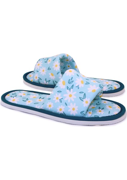 Kadın Mavi Çiçek Desenli Önü Açık Yumuşak Tabanlı Ev Terlik modelleri
