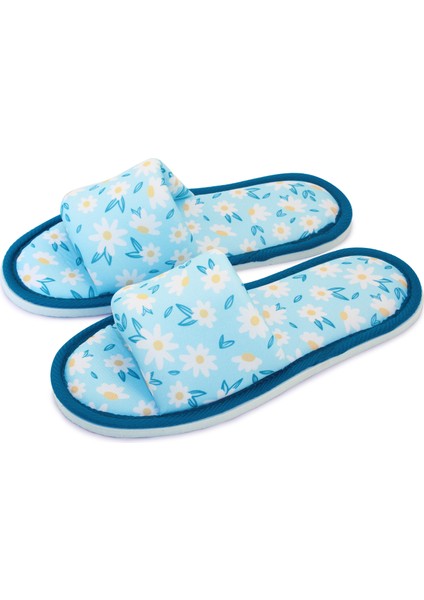 Kadın Mavi Çiçek Desenli Önü Açık Yumuşak Tabanlı Ev Terlik