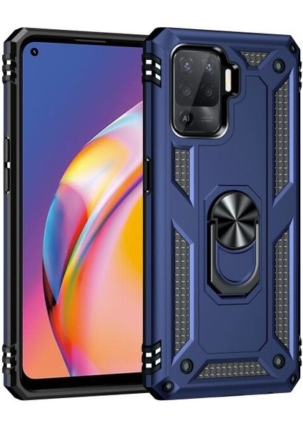 Oppo Reno 5 Lite Kılıf Vega Tank Standlı Yüzüklü Mıknatıslı Lacivert