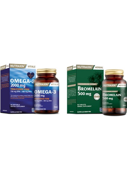 Omega 3 Balık Yağı 2000 Mg 60 Yumuşak Kapsül + Bromelain 500 Mg 60 Kapsül