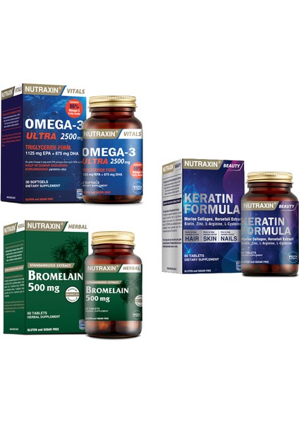 Omega 3 Ultra 2500 Mg Balık Yağı 30 Kapsül+ Bromelain 60 Kapsül + Keratin Formula 60 Tablet