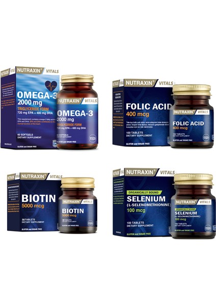 Omega 3 Balık Yağı 2000 Mg 60 Kapsül+Selenyum 100 Tablet+Folik Asit 100 Tablet+Biotin 30 Tablet