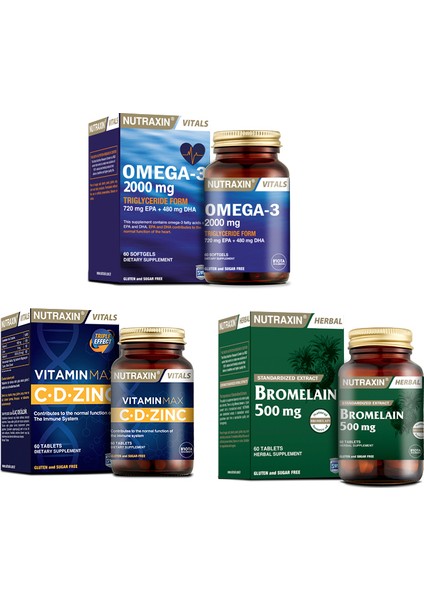 Omega 3 Balık Yağı 2000 Mg 60 Kapsül + Vitamin Max (C,d,zinc) 60 Tablet + Bromelain 60 Kapsül