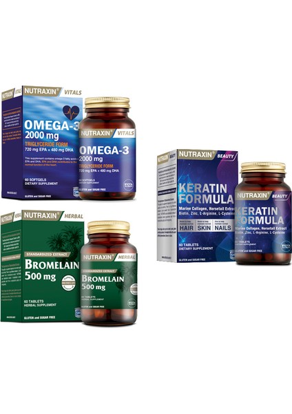 Omega 3 Balık Yağı 2000 Mg 60 Kapsül+ Bromelain 60 Kapsül + Keratin Formula 60 Tablet