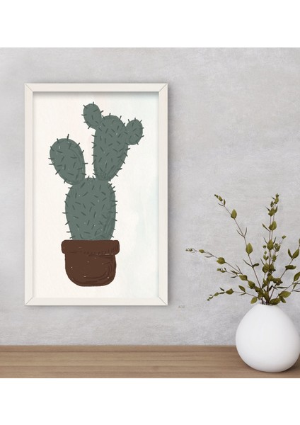 Gift Kaktüs Tasarımlı Dekoratif Ahşap Beyaz Çerçeveli Tablo-25