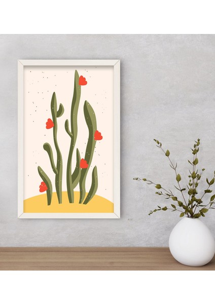 Gift Kaktüs Tasarımlı Dekoratif Ahşap Beyaz Çerçeveli Tablo-22