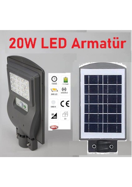 Cata CT-4690 Güneş Enerjili Bahçe Aydınlatma Solar Sokak Lambası 20W Solar Armatür LED Projektör