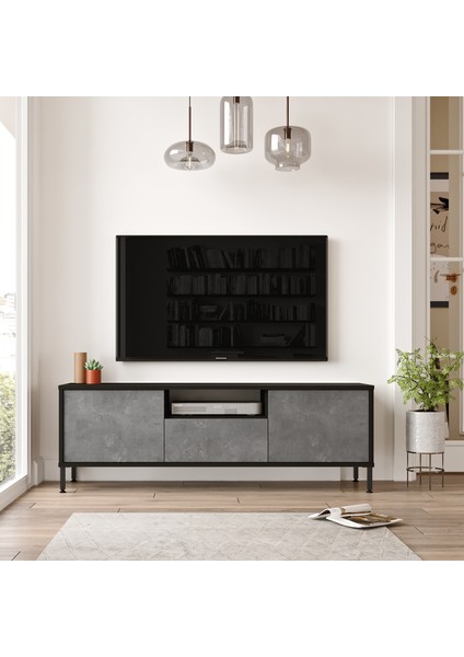 Diego Tv Ünitesi Tv Sehpası Metal Ayaklı 140CM Beton-Siyah Dg2-Rl