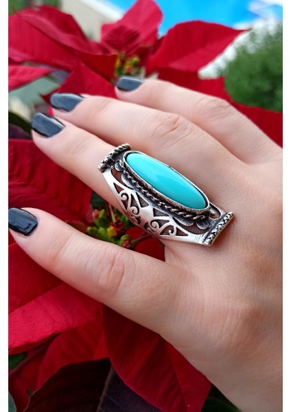 Antik Gümüş Kaplama Turkuaz Taşlı Otantik Şekilli El Yapımı Ayarlanabilir Yüzük