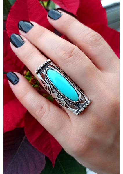 Antik Gümüş Kaplama Turkuaz Taşlı Otantik Şekilli El Yapımı Ayarlanabilir Yüzük fiyatları