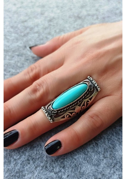 Antik Gümüş Kaplama Turkuaz Taşlı Otantik Şekilli El Yapımı Ayarlanabilir Yüzük modelleri
