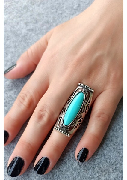 Antik Gümüş Kaplama Turkuaz Taşlı Otantik Şekilli El Yapımı Ayarlanabilir Yüzük fırsatları