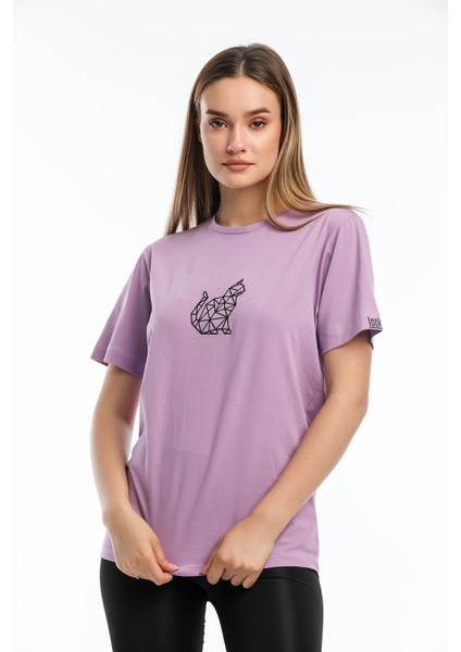 Kadın Lila Kedi Nakışlı %100 Pamuk Oversize T-Shirt