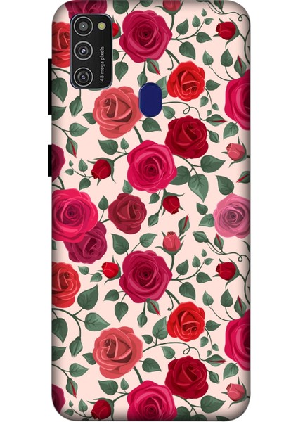 Deste Samsung Galaxy M21 Kılıf Kırmızı Güller Baskılı Desenli Silikon Kılıf -8028