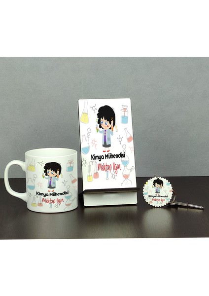Kimya Mühendisine Hediye Üçlü Set (Kupa + Telefon Standı + Anahtarlık)
