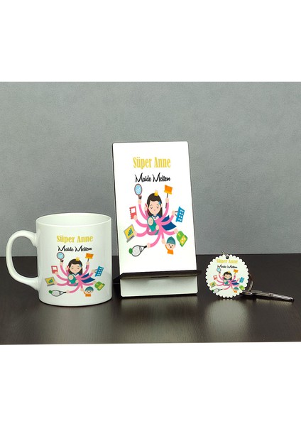 Süper Anne Üçlü Set (Kupa + Telefon Standı + Anahtarlık)
