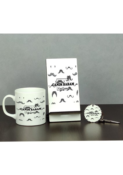 Canım Babam Bıyık Tasarım Üçlü Set (Kupa + Telefon Standı + Anahtarlık)