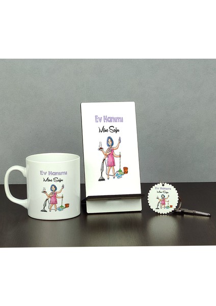Ev Hanımına Hediye Üçlü Set (Kupa + Telefon Standı + Anahtarlık)