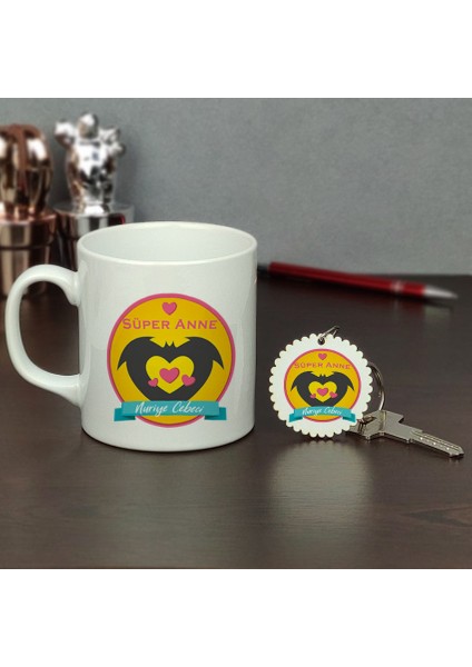 Süper Anneye Hediye Kupa Bardak ve Anahtarlık Set