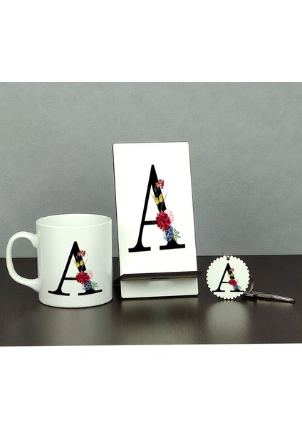A Harfi Üçlü Set (Kupa + Telefon Standı + Anahtarlık)