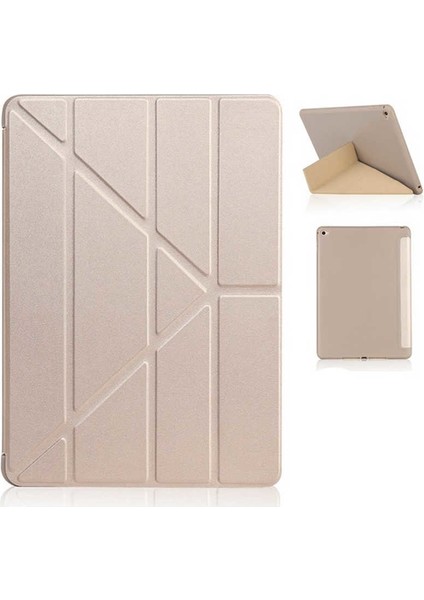 Apple iPad 10.2 2021 (9.Nesil) Kılıf Kalem Bölmeli Tri Folding Smart Standlı Pu Deri Arkası Yumuşak Silikon 360 Tam Koruma Gri