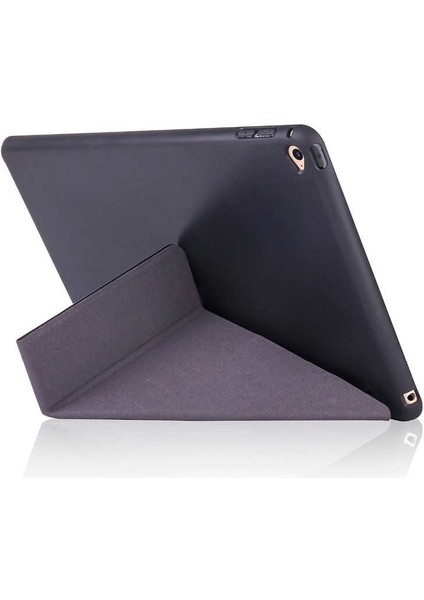 Apple iPad 10.2 2021 (9.Nesil) Kılıf Kalem Bölmeli Tri Folding Smart Standlı Pu Deri Arkası Yumuşak Silikon 360 Tam Koruma Gri