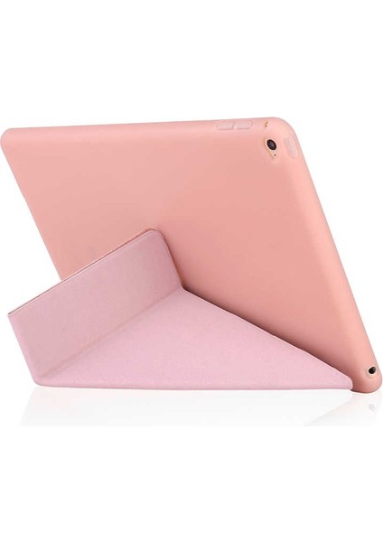 Apple iPad 10.2 2021 (9.Nesil) Kılıf Kalem Bölmeli Tri Folding Smart Standlı Pu Deri Arkası Yumuşak Silikon 360 Tam Koruma Altın