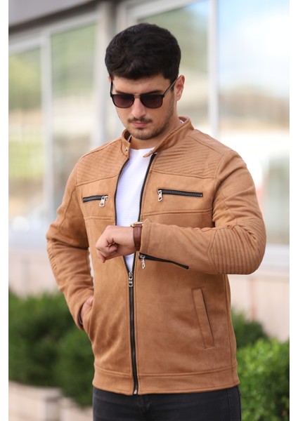 Erkek Kahverengi Dik Yaka Süet Slim Fit Kışlık Mont