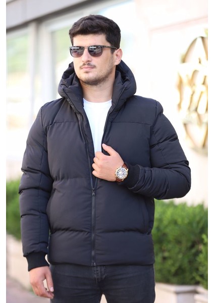 Erkek Siyah Kapüşonlu Şişme Mont