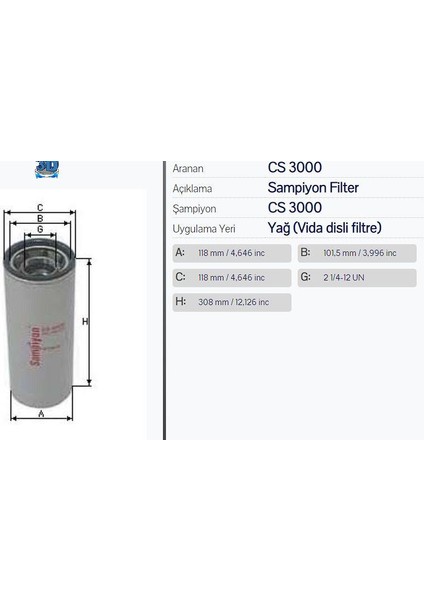 CS3000 Yağ Filtresi Bmc Pro 827-832-935 Daf 95 Xf Temsa Avenue Avenue Lf Cng