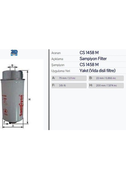 CS1458M Mazot Filtresi Transıt W184 00-06 2.0 Tdcı 2.4 Tdcı 197MM