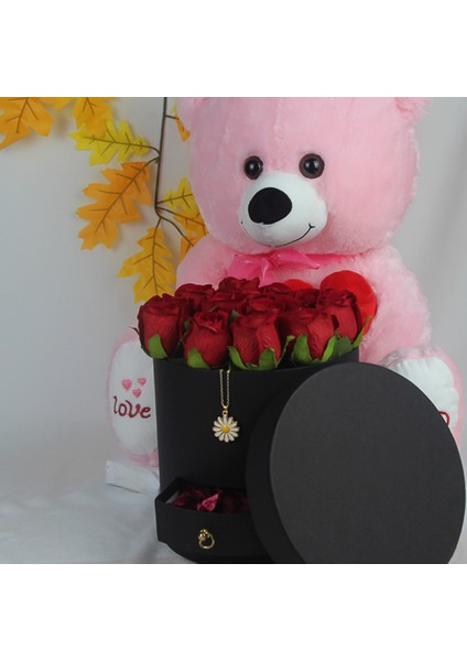 Kutu Dolusu Güller 15 Adet Sevimli Peluş Ayıcık 50 cm Altın Kaplama Papatya Kolye Set Hediye