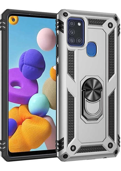 Case 4U Samsung Galaxy A21S Kılıf Çift Katmanlı Yüzüklü Manyetik Vega Kapak Gümüş