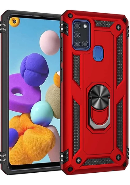 Case 4U Samsung Galaxy A21S Kılıf Çift Katmanlı Yüzüklü Manyetik Vega Kapak Kırmızı